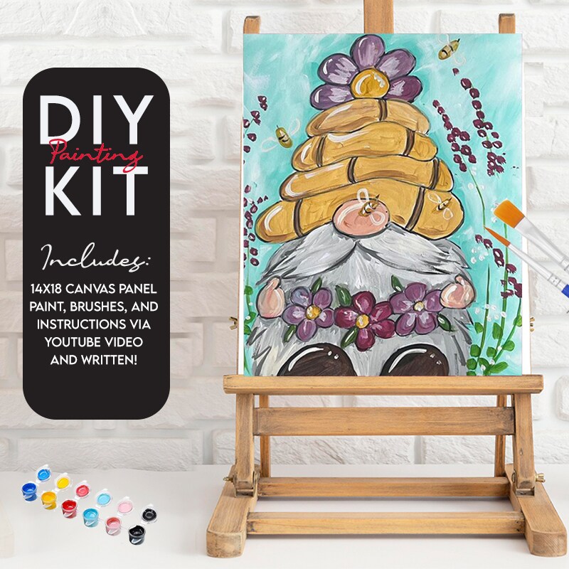 Honey Bee Gnome , Video Instructional Paint Kit, 11x14 inch, DIY Canvas Art Kit, Adult Painting
